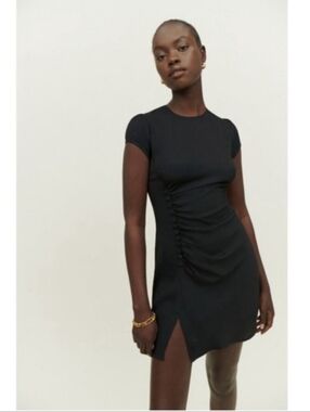 Reformation Black Ruched Side-Slit Mini Dress